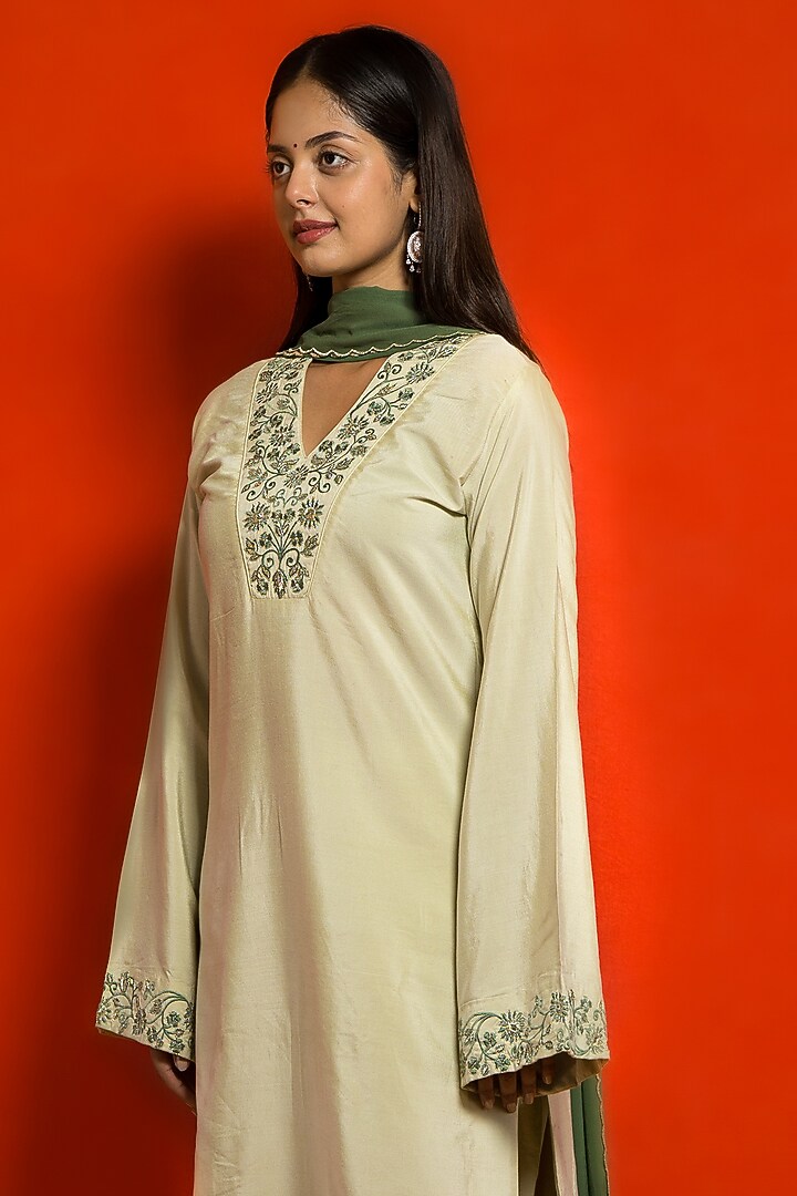 Pista Green Premium Summer Silk Hand & Machine Embroidered Kurta Set by MITHI SUPARI at Pernia's Pop Up Shop