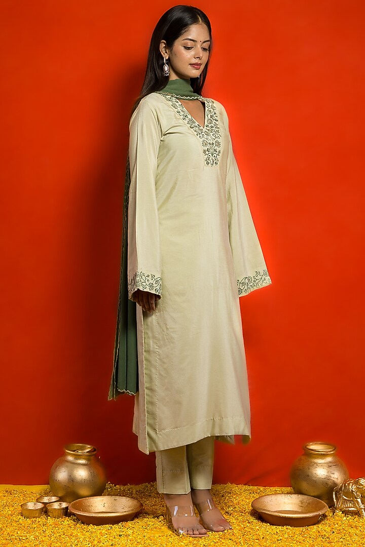 Pista Green Premium Summer Silk Hand & Machine Embroidered Kurta Set by MITHI SUPARI at Pernia's Pop Up Shop