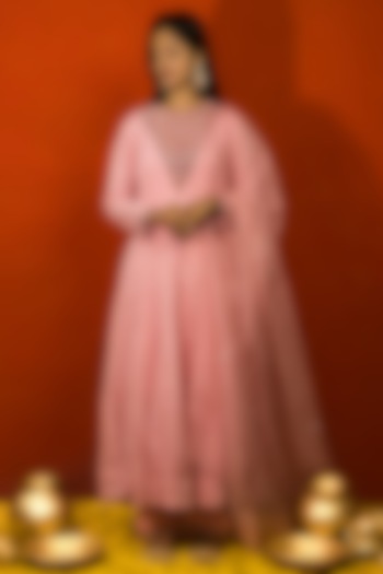 Baby Pink Pure Malai Chanderi Zardosi Embroidered Kalidar Kurta Set by MITHI SUPARI at Pernia's Pop Up Shop