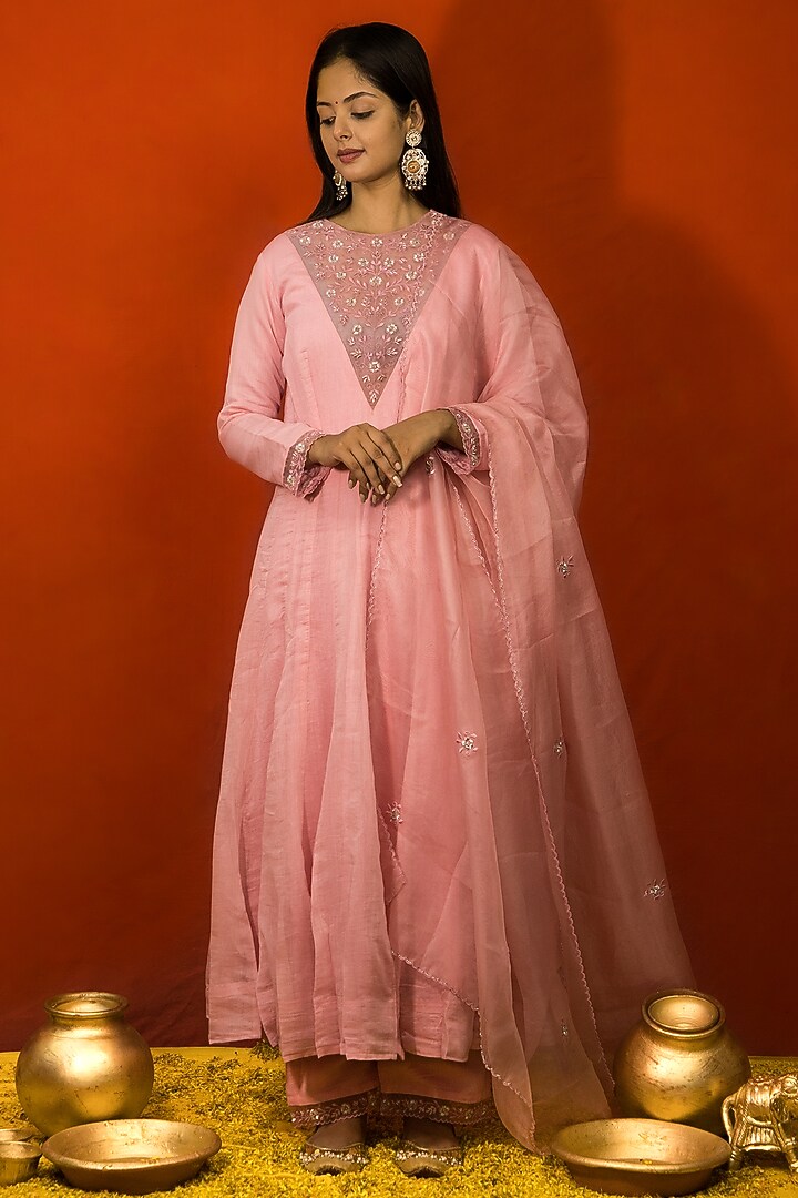Baby Pink Pure Malai Chanderi Zardosi Embroidered Kalidar Kurta Set by MITHI SUPARI at Pernia's Pop Up Shop