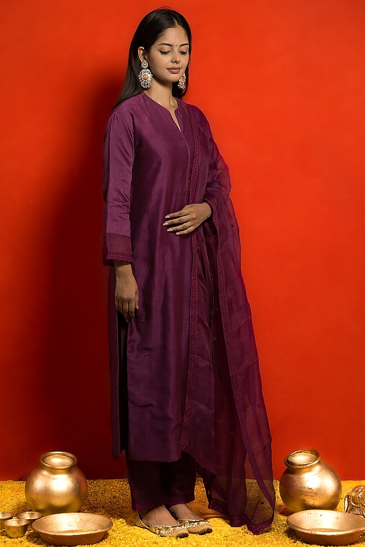Purple Pure Silk Chanderi Kurta Set by MITHI SUPARI