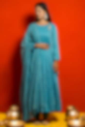 Firozi Blue Pure Malai Chanderi Resham Thread Embroidered Angrakha Set by MITHI SUPARI