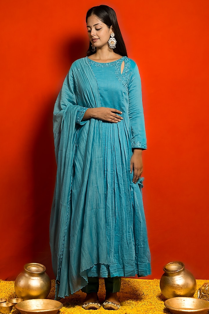 Firozi Blue Pure Malai Chanderi Resham Thread Embroidered Angrakha Set by MITHI SUPARI