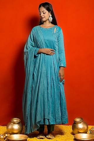 Firozi Blue Pure Malai Chanderi Resham Thread Embroidered Angrakha Set by MITHI SUPARI