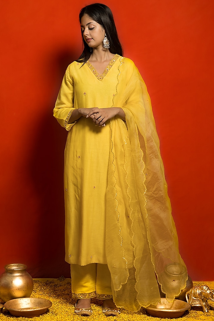 Yellow Pure Malai Chanderi Resham Embroidered Kurta Set by MITHI SUPARI
