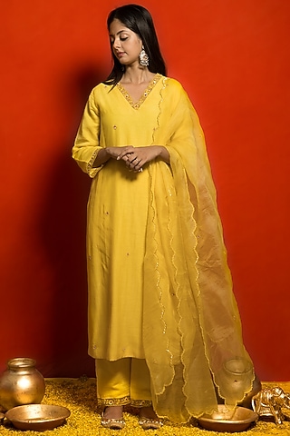 Yellow Pure Malai Chanderi Resham Embroidered Kurta Set by MITHI SUPARI