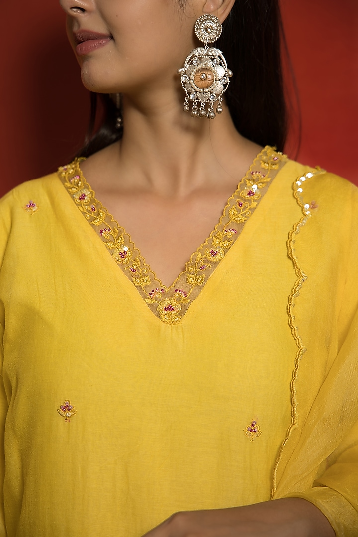 Yellow Pure Malai Chanderi Resham Embroidered Kurta Set by MITHI SUPARI at Pernia's Pop Up Shop