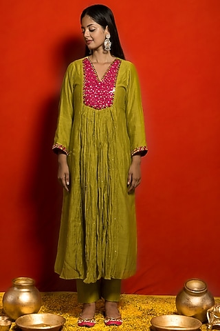 Lime Malai Chanderi Hand Embroidered Gathered Panel Tunic Set by MITHI SUPARI