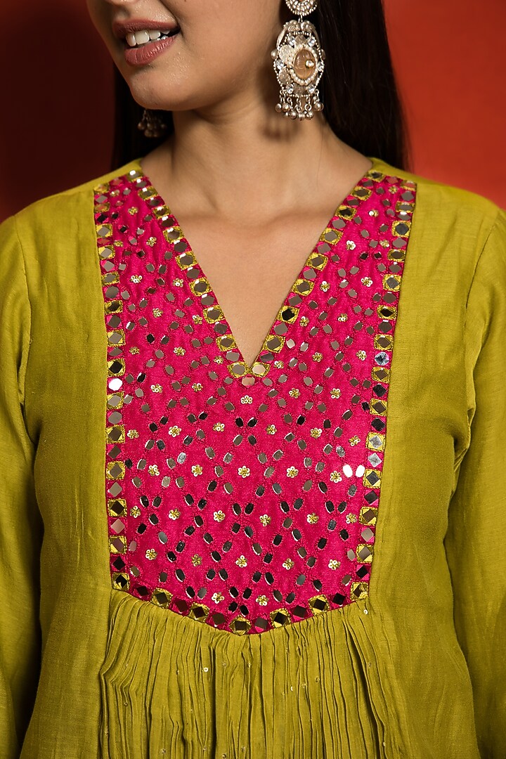 Lime Malai Chanderi Hand Embroidered Gathered Panel Tunic Set by MITHI SUPARI at Pernia's Pop Up Shop