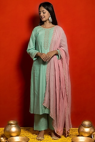 Firozi Blue Pure Malai Chanderi Zari & Zardosi Embellished Kurta Set by MITHI SUPARI