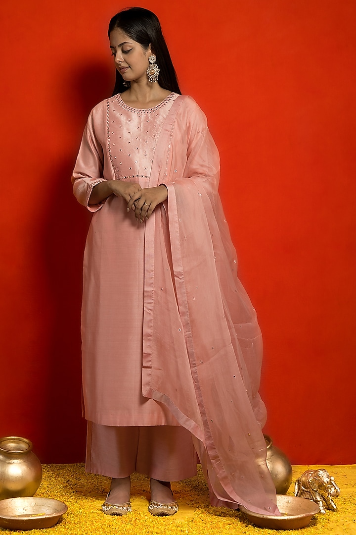 Baby Pink Pure Silk Chanderi Resham Hand Embroidered Kurta Set by MITHI SUPARI