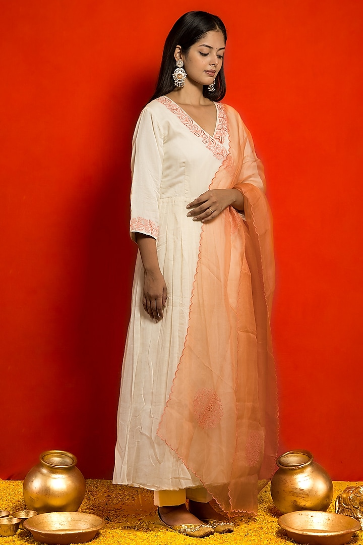 Ivory Pure Malai Chanderi Resham Thread Embroidered Angrakha Kurta Set by MITHI SUPARI