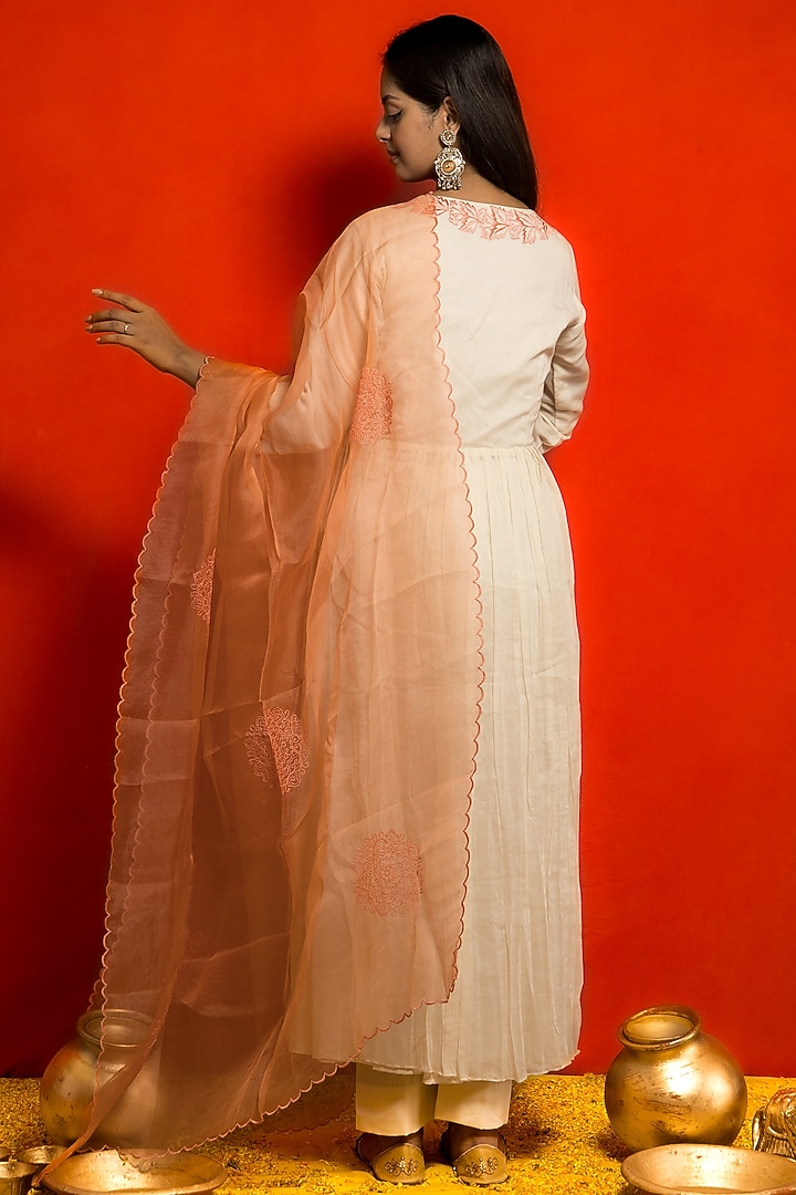 Ivory Pure Malai Chanderi Resham Thread Embroidered Angrakha Kurta Set by MITHI SUPARI at Pernia's Pop Up Shop