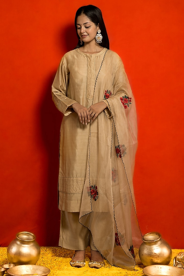 Beige Pure Silk Chanderi Handcrafted Pintuck Kurta Set by MITHI SUPARI