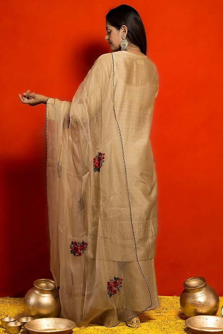Beige Pure Silk Chanderi Handcrafted Pintuck Kurta Set by MITHI SUPARI at Pernia's Pop Up Shop