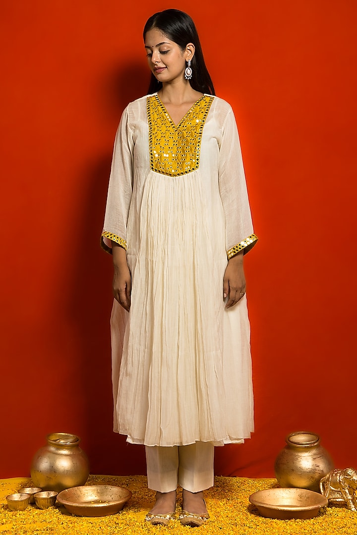 Ivory Pure Sheer Malai Chanderi Resham Hand Embroidered Gathered Tunic Set by MITHI SUPARI