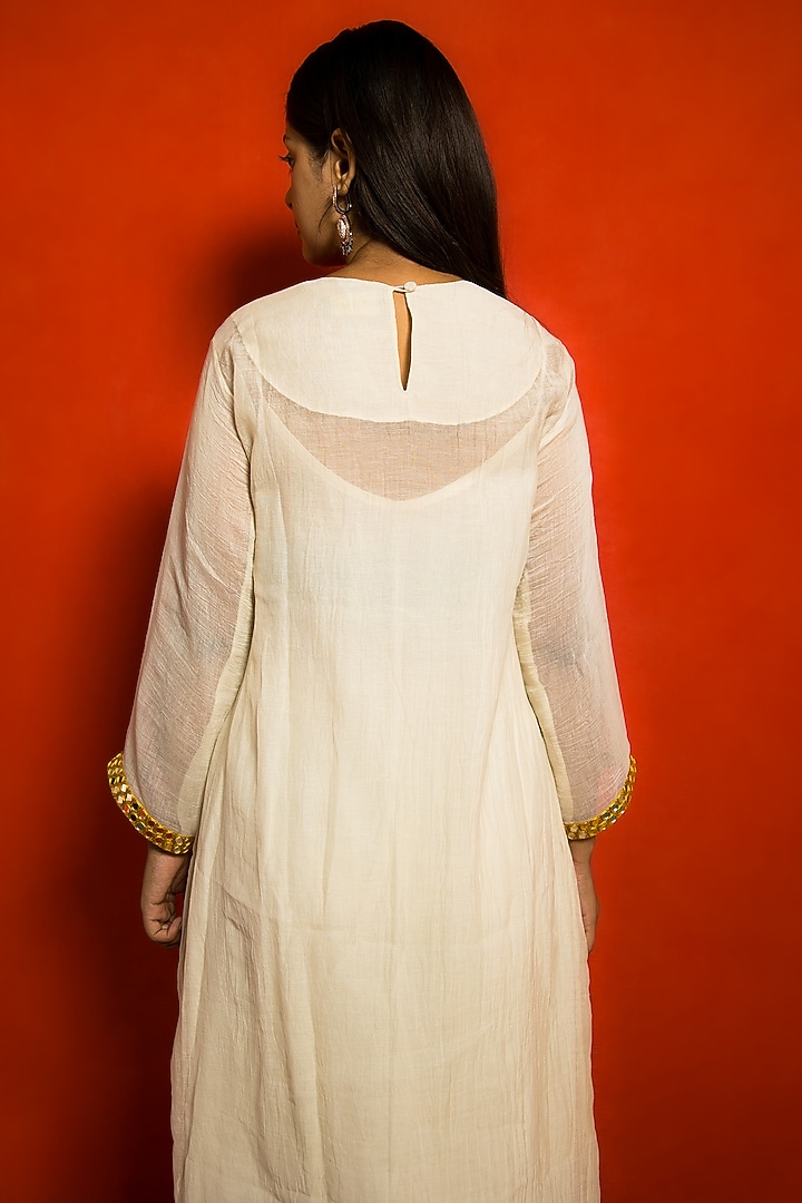 Ivory Pure Sheer Malai Chanderi Resham Hand Embroidered Gathered Tunic Set by MITHI SUPARI at Pernia's Pop Up Shop