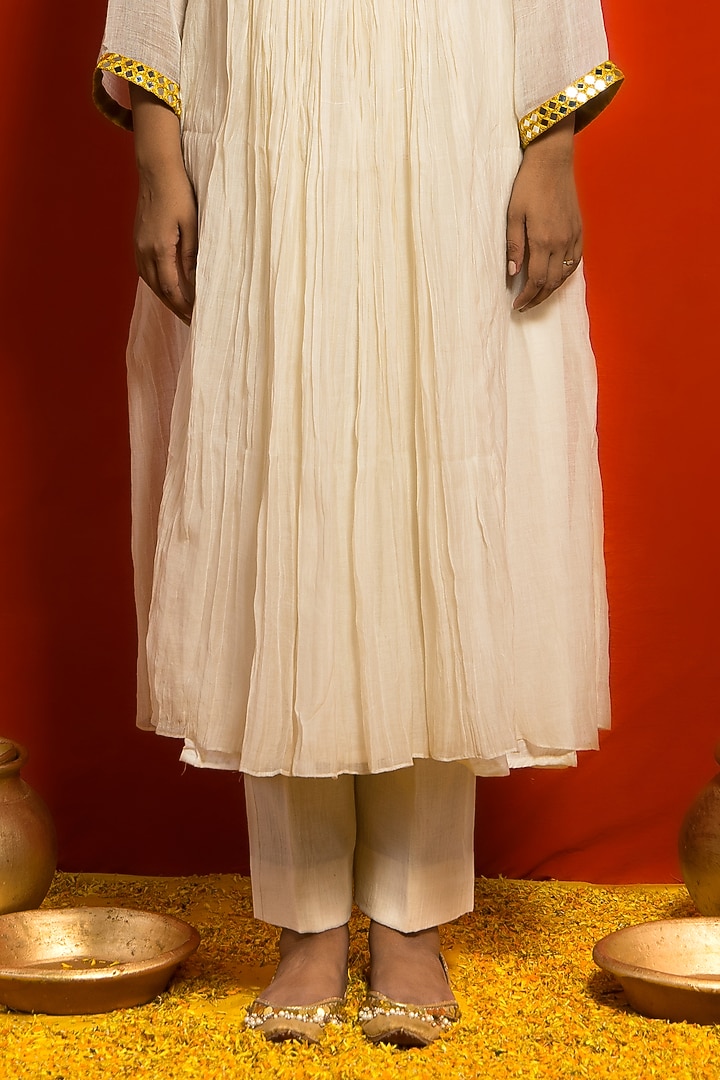 Ivory Pure Sheer Malai Chanderi Resham Hand Embroidered Gathered Tunic Set by MITHI SUPARI at Pernia's Pop Up Shop