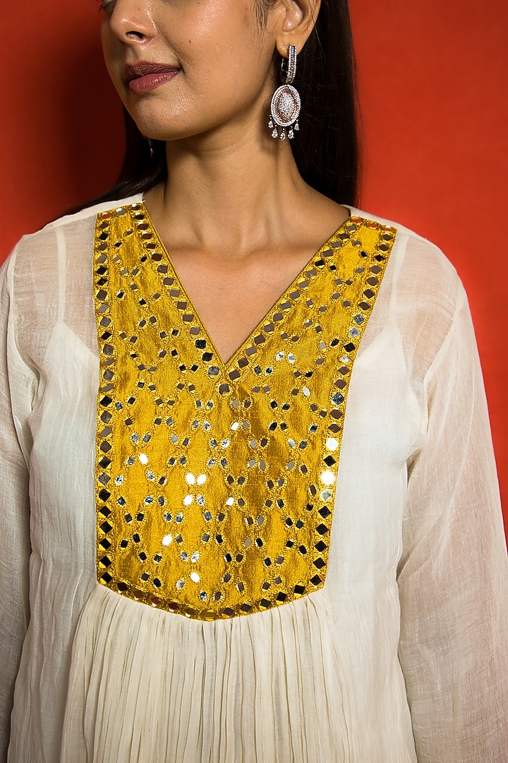 Ivory Pure Sheer Malai Chanderi Resham Hand Embroidered Gathered Tunic Set by MITHI SUPARI at Pernia's Pop Up Shop