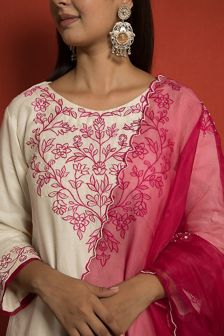 Ivory Pure Silk Chanderi Pearl Hand Embroidered Kurta Set by MITHI SUPARI at Pernia's Pop Up Shop