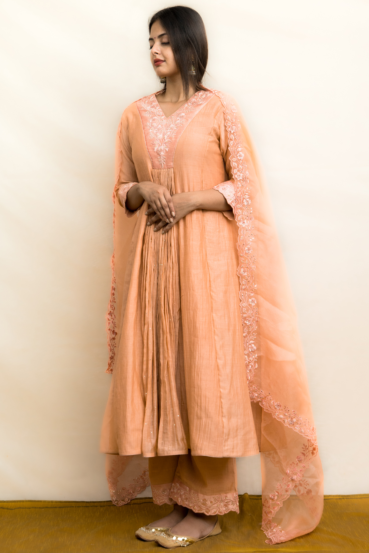 Peach Malai Chanderi Hand Embroidered Kurta Set by MITHI SUPARI at Pernia's Pop Up Shop