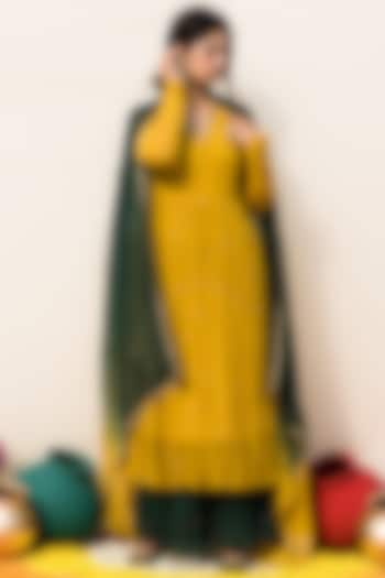 Mustard Mul Chanderi Embellished Anarkali Set by MITHI SUPARI