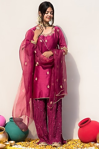 Wine Silk Chanderi Crushed Sharara Set by MITHI SUPARI
