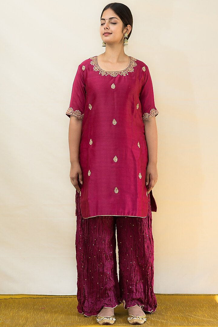 Wine Silk Chanderi Crushed Party Wear Sharara Set by MITHI SUPARI at Pernia's Pop Up Shop