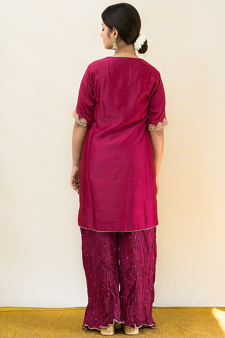 Wine Silk Chanderi Crushed Party Wear Sharara Set by MITHI SUPARI at Pernia's Pop Up Shop