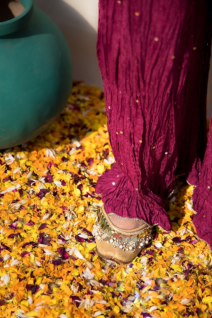 Wine Silk Chanderi Crushed Party Wear Sharara Set by MITHI SUPARI at Pernia's Pop Up Shop