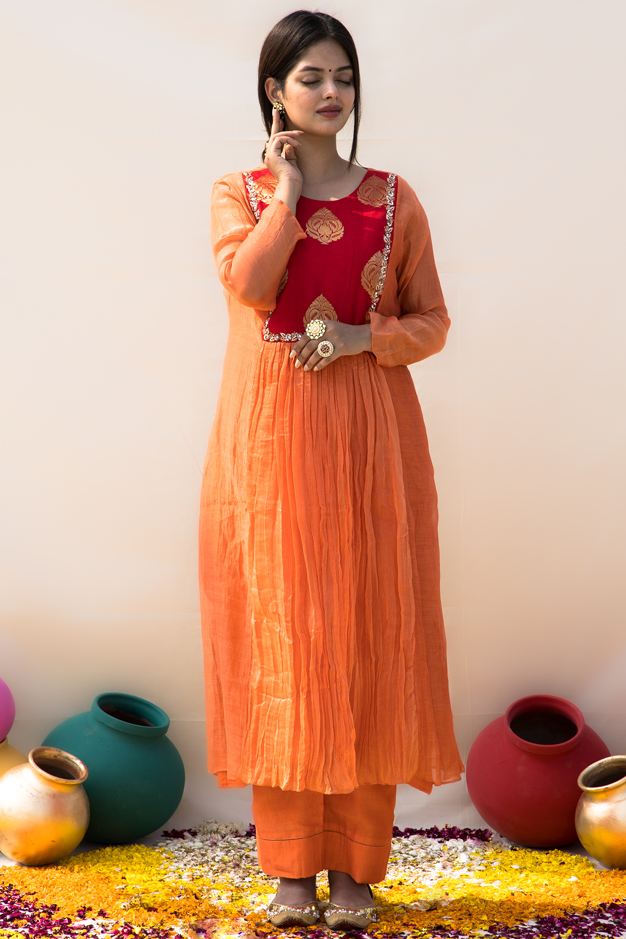 Orange & Red Mul Chanderi Embroidered Tunic Set by MITHI SUPARI at Pernia's Pop Up Shop