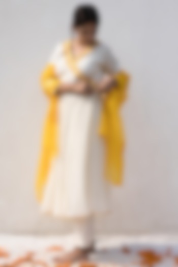 Ivory & Yellow Malai Chanderi Embroidered Angrakha Kurta Set by MITHI SUPARI at Pernia's Pop Up Shop