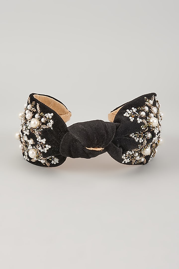 Black & Gold French Crepe Zardosi Embellished Hairband by MISSY at Pernia's Pop Up Shop