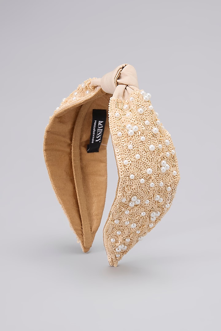 Beige French Crepe Pearl Embellished Handcrafted Hairband by MISSY at Pernia's Pop Up Shop