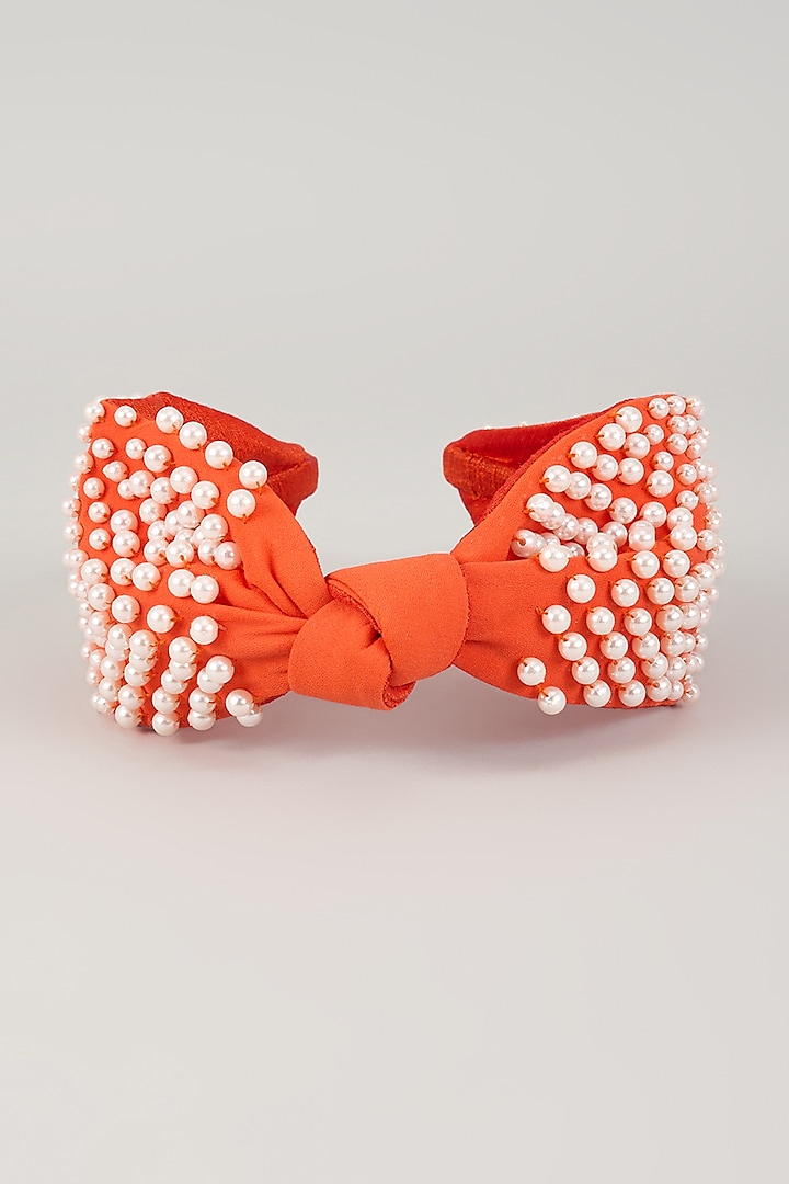 Orange French Crepe Pearl Embellished Handcrafted Hairband by MISSY at Pernia's Pop Up Shop