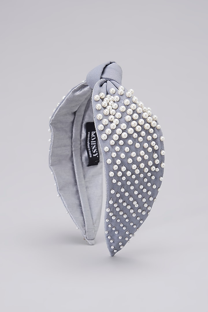 Grey French Crepe Pearl Embellished Handcrafted Hairband by MISSY at Pernia's Pop Up Shop