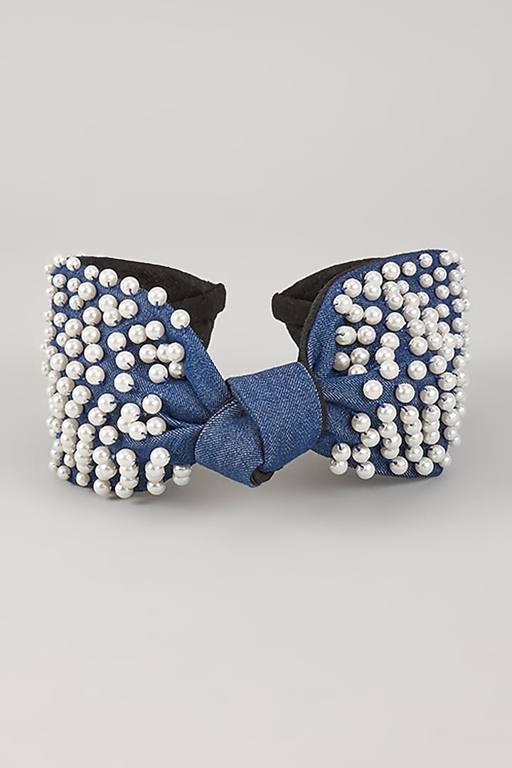 Blue French Crepe Pearl & Cutdana Embellished Hairband by MISSY at Pernia's Pop Up Shop