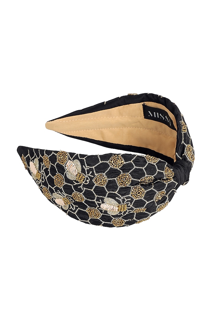 Black Crepe Cutdana Embellished Headband by MISSY
