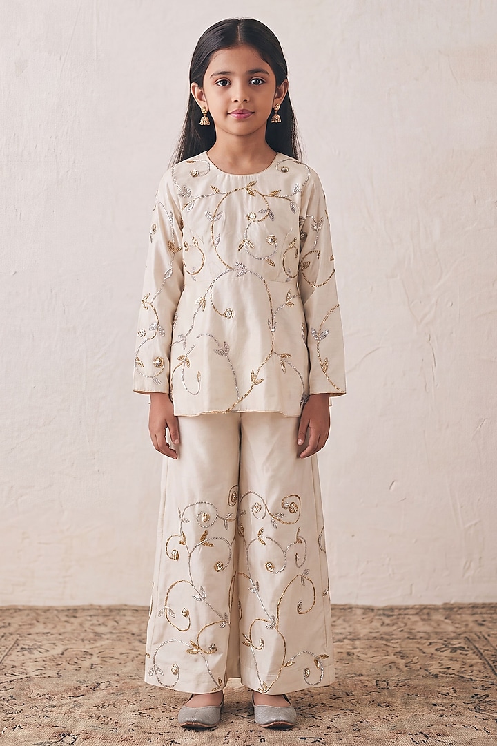 Ivory Silk Sequin Embroidered Co-Ord Set For Girls by Rashika Mittal Kids at Pernia's Pop Up Shop