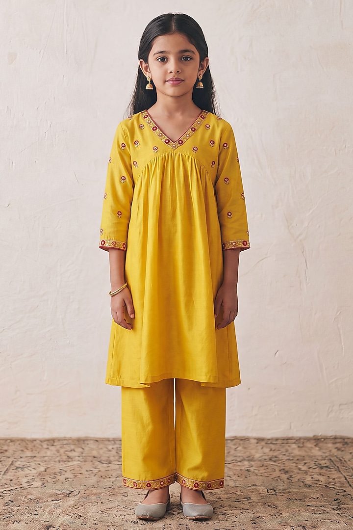 Sunshine Yellow Chanderi Cutdana & Bead Embroidered Co-Ord Set For Girls by Rashika Mittal Kids at Pernia's Pop Up Shop