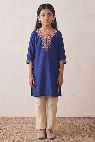 Navy Blue Silk Sequin Embroidered Kurta Set For Girls by Rashika Mittal Kids