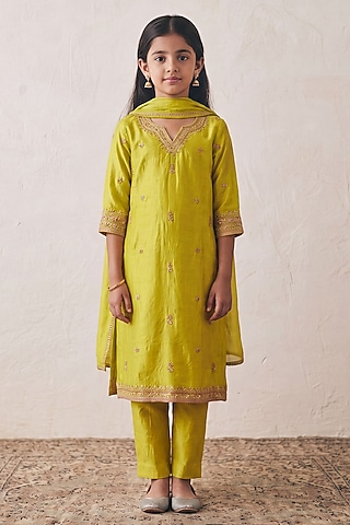 Lime Green Silk Gota Embroidered Kurta Set For Girls by Rashika Mittal Kids