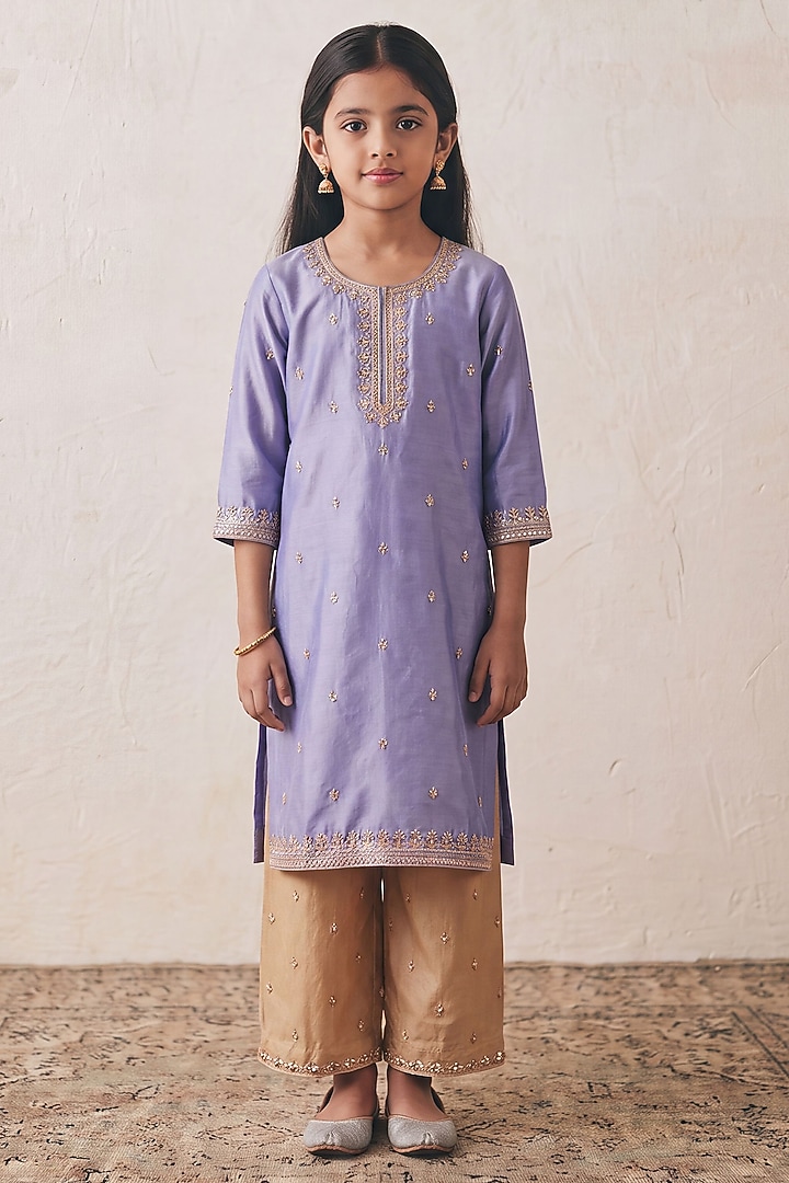 Periwinkle Blue Silk Gota Patti Embroidered Kurta Set For Girls by Rashika Mittal Kids at Pernia's Pop Up Shop