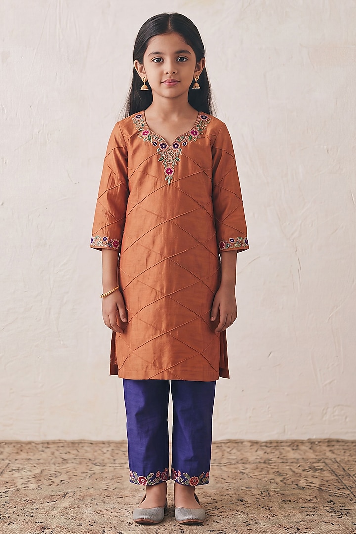 Burnt Orange Silk Sequin Embroidered Kurta Set For Girls by Rashika Mittal Kids at Pernia's Pop Up Shop