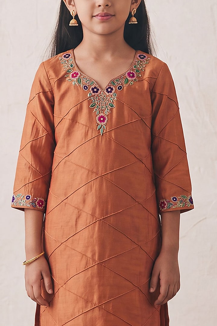 Burnt Orange Silk Sequin Embroidered Kurta Set For Girls by Rashika Mittal Kids at Pernia's Pop Up Shop