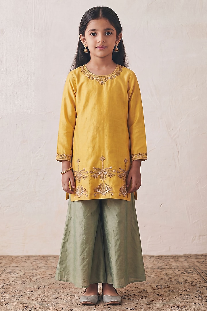 Yellow Tissue Silk Zardozi Embroidered Sharara Set For Girls by Rashika Mittal Kids at Pernia's Pop Up Shop