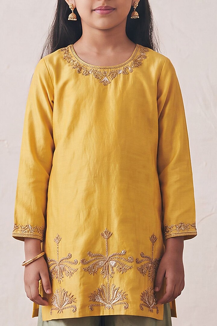Yellow Tissue Silk Zardozi Embroidered Sharara Set For Girls by Rashika Mittal Kids at Pernia's Pop Up Shop