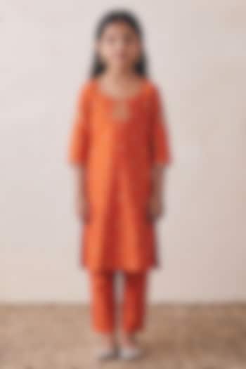 Rust Orange Silk Sequin Embroidered Kurta Set For Girls by Rashika Mittal Kids at Pernia's Pop Up Shop