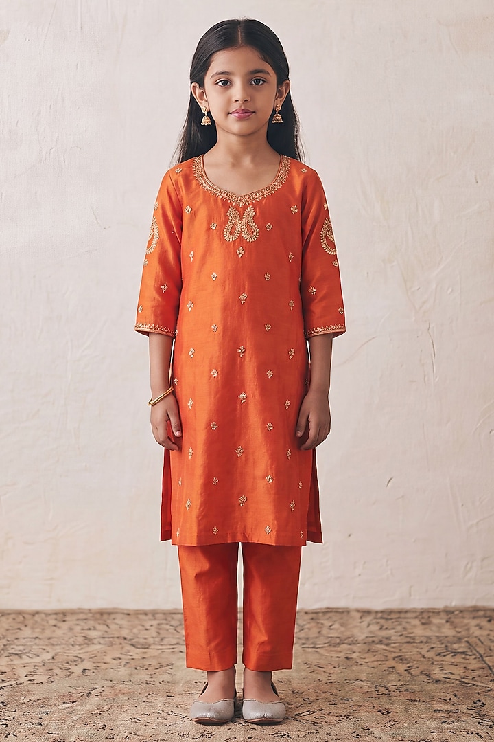 Rust Orange Silk Sequin Embroidered Kurta Set For Girls by Rashika Mittal Kids at Pernia's Pop Up Shop