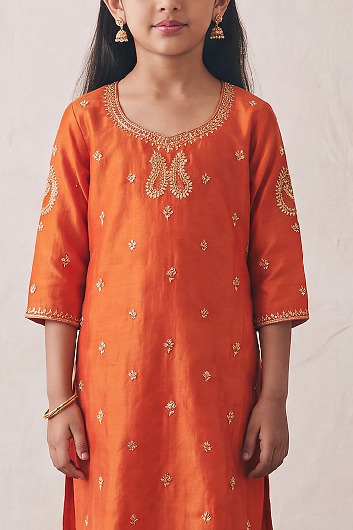Rust Orange Silk Sequin Embroidered Kurta Set For Girls by Rashika Mittal Kids at Pernia's Pop Up Shop